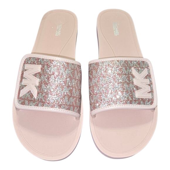 Michael Kors Pink Logo Glitter Slide Sandals Women's Size 11 New - Picture 1 of 12